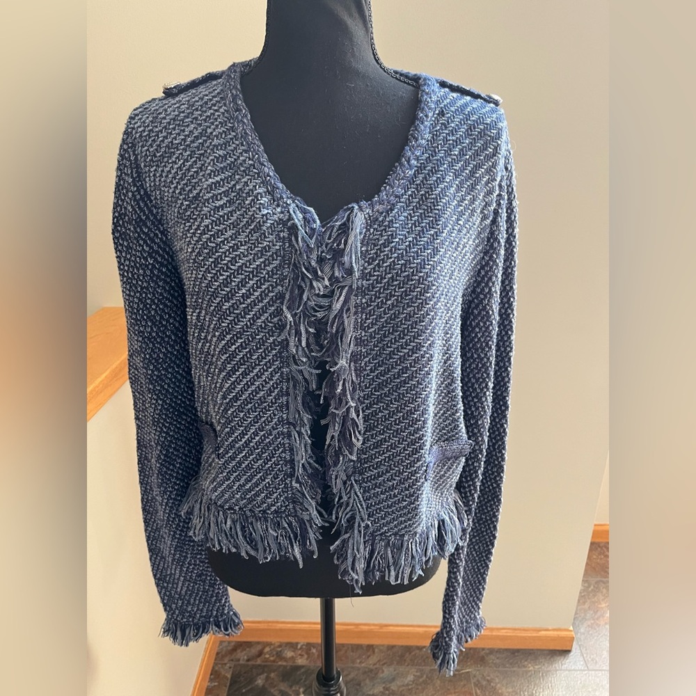 Women’s White House Black Market blue fringe open front jacket cardigan. Medium
